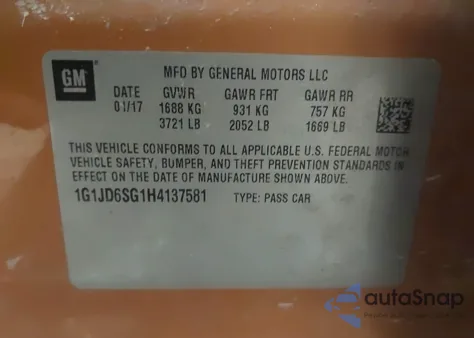 2017 Chevrolet Sonic Lt Auto из США, поврежденный, VIN 1G1JD6SG1H4137581